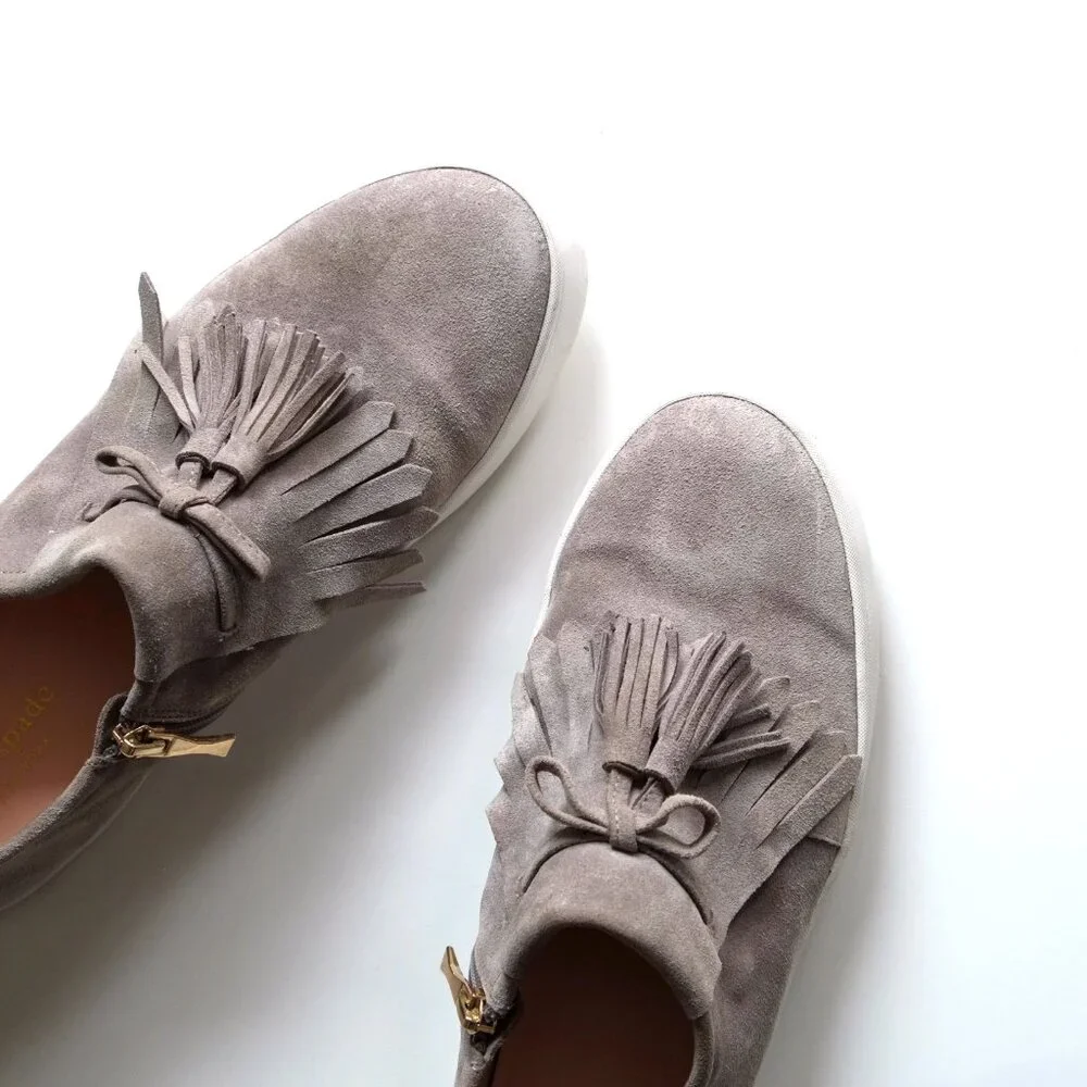 Kate Spade Gray Tan Suede Lenna Tassel Sneakers Shoes Size 8.5